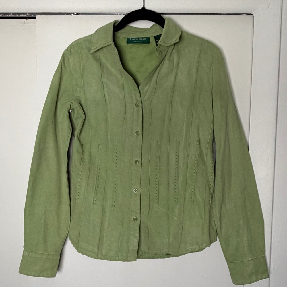 Lemon Grass Studio Sage Green Faux Suede Pintuck Button Down Shirt‎ Womens Small